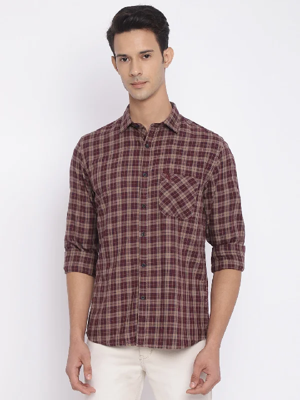 Men's Maroon Casual Medium Checks Full Sleeve Shirt