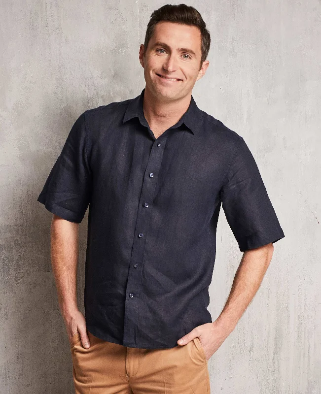 Navy Short Sleeve Pure Linen Slim Fit Shirt in Shorter Length