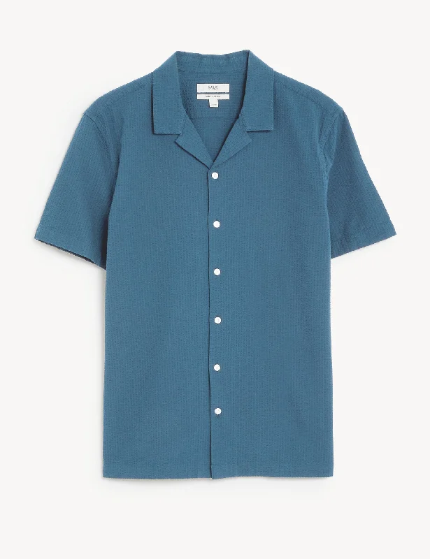 Pure Cotton Seersucker Cuban Collar Shirt