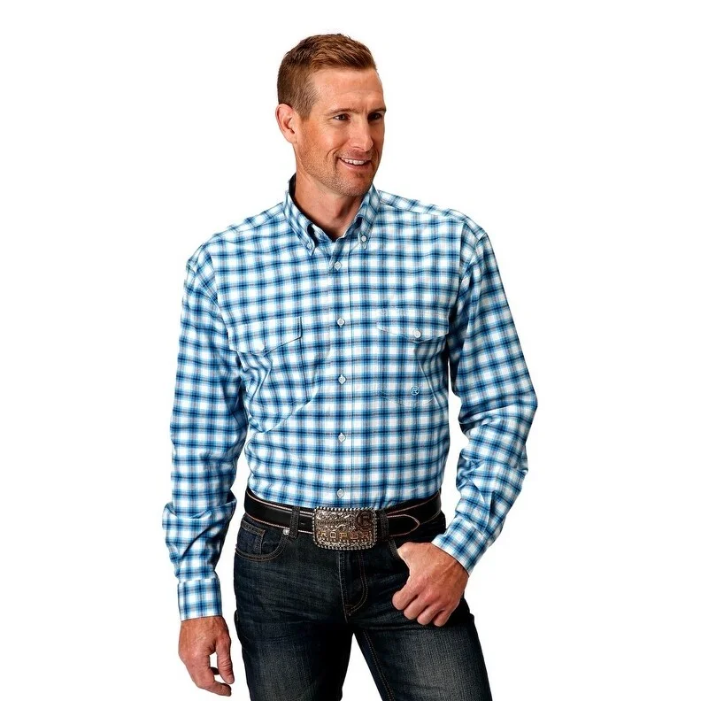 Roper Western Shirt Mens L/S Plaid Button Blue 03-001-0378-2093 BU