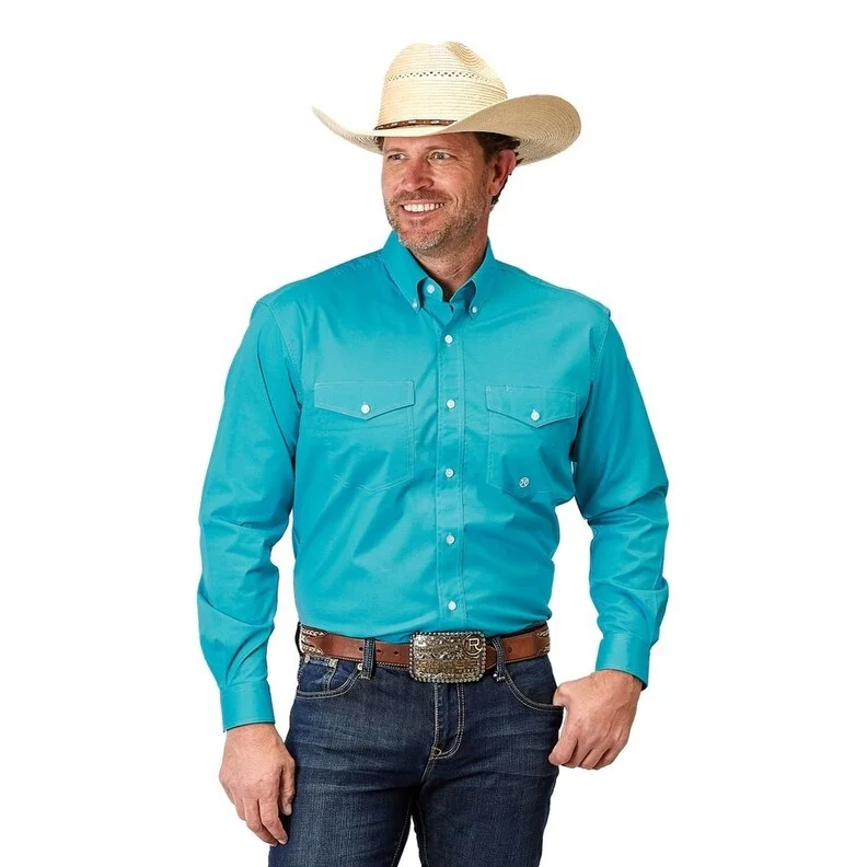 Roper Western Shirt Mens L/S Solid Turquoise 03-001-0365-2106 BU