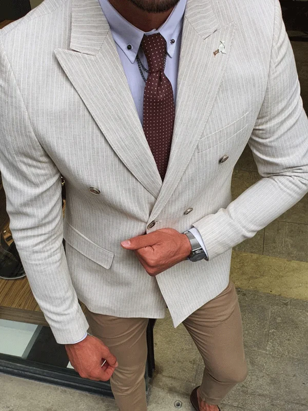 Bellingham Beige Slim Fit Double Breasted Pinstripe Blazer