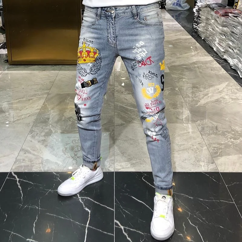 Casual Spring Men's Crown Printing Slim-fit Skinny Straight-Leg Jeans Joggers