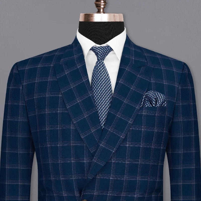 Cloud Burst Blue Super fine Windowpane Double Breasted Wool Rich Blazer