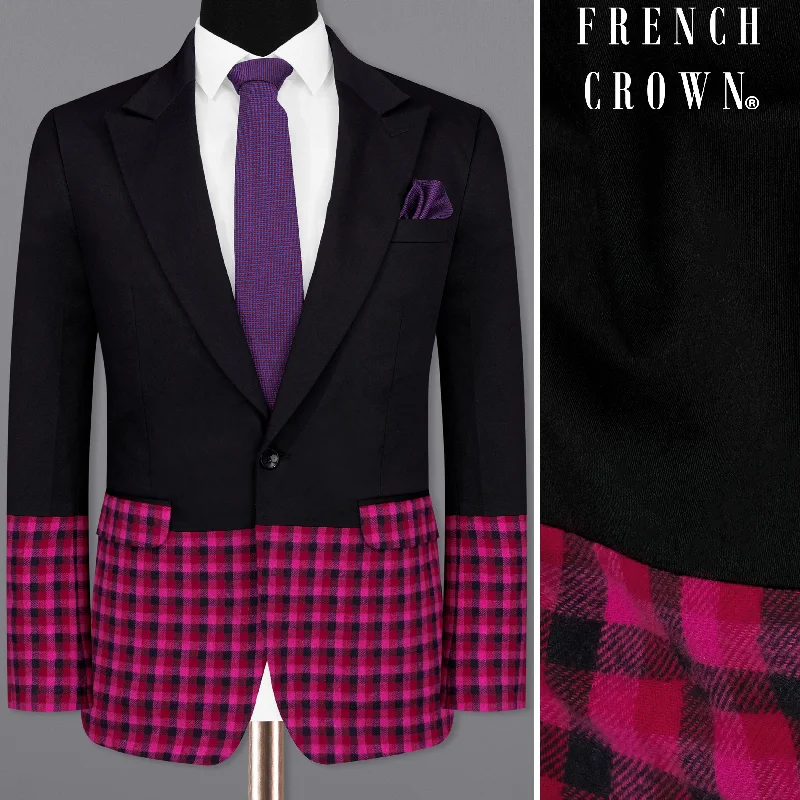 Half-Black and Half Jazzberry Pink Checkered Single-Breasted Premium Cotton Designer Blazer