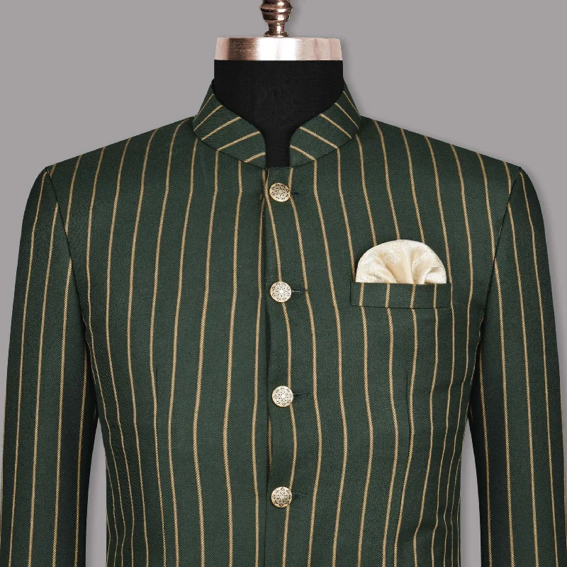 Outer Space Green striped Bandhgala/Mandarin Blazer