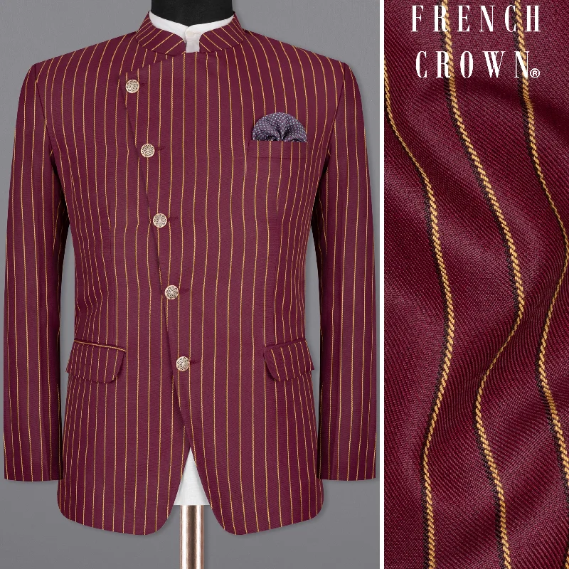 Paprika Maroon Striped Cross Placket Wool Rich Bandhgala Blazer