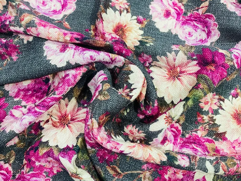 Precut 1 Metre Floral Printed Pink Pashmina Wool Fabric