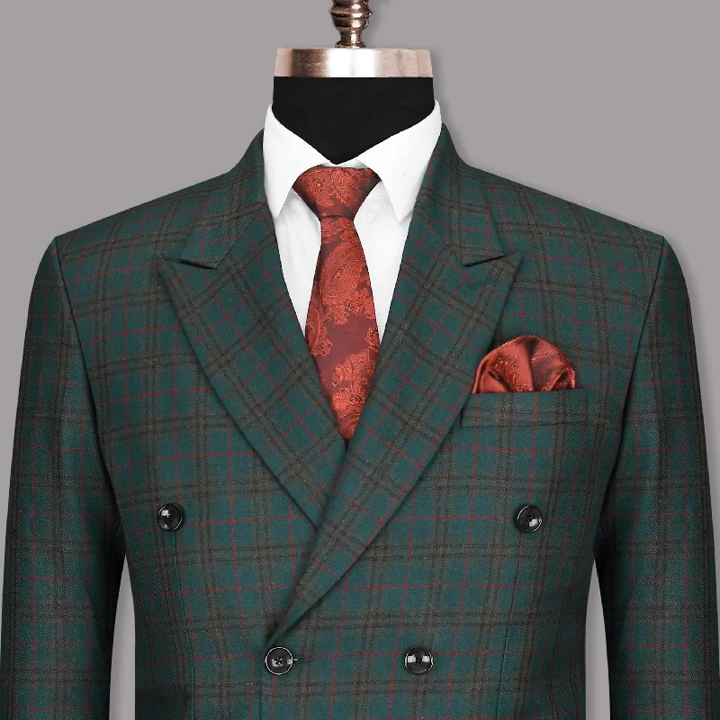 Tiber Green with Espresso Brown Wool Rich Windowpane Double-Breasted Blazer