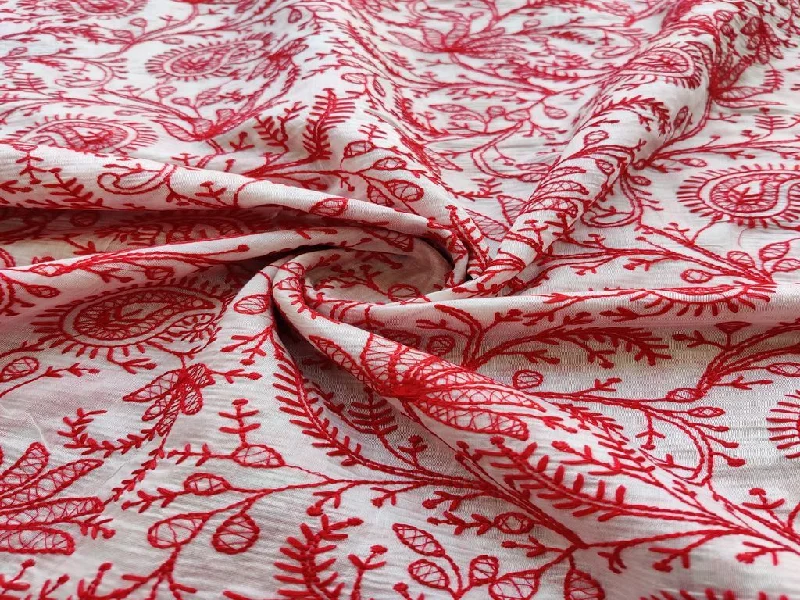 White Red Lakhnawi Flowers Embroidered Chanderi Fabric