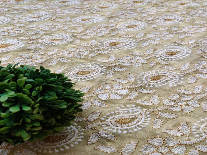 Yellow White Golden Zari Chikankari Embroidered Georgette Fabric