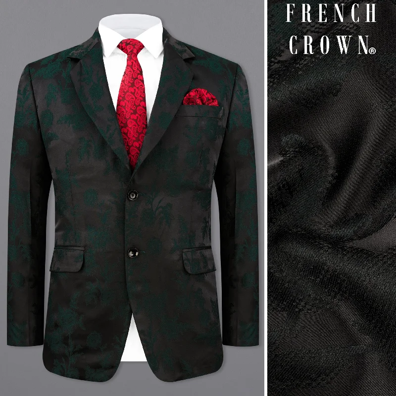 Zeus Black and Holly Dark Green Floral Printed Single Breasted Designer Blazer