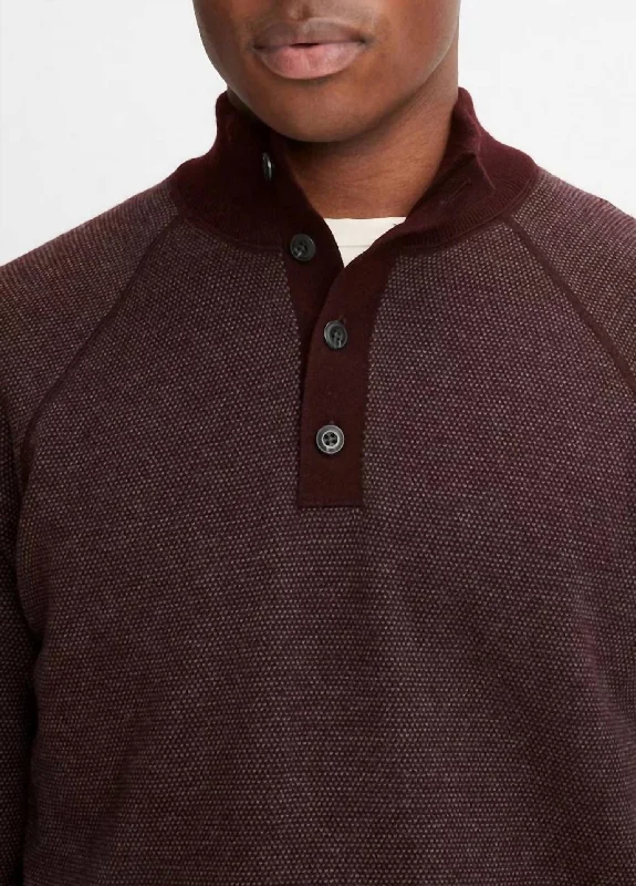 Birdseye Button Mock Neck Sweater In Pinot Vino