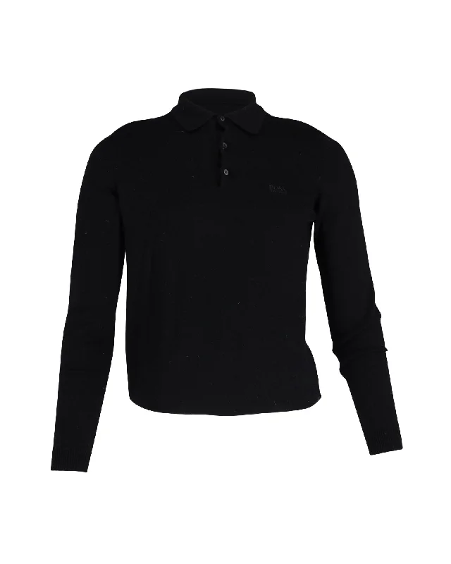 Boss Slim Fit Sweater with Polo Collar in Black Merino Wool