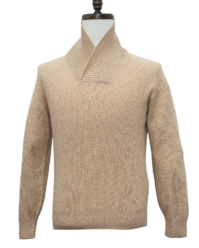 Brunello Cucinelli Mens Beige Shawl Collar Wool Cashmere & Silk Sweater