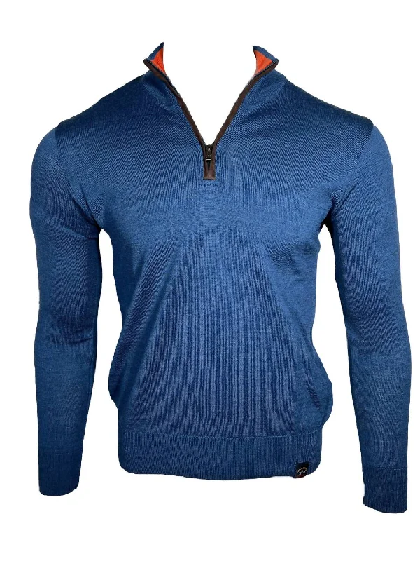 Men's 1/4 Zip Sweater With Suede Trim In Denim