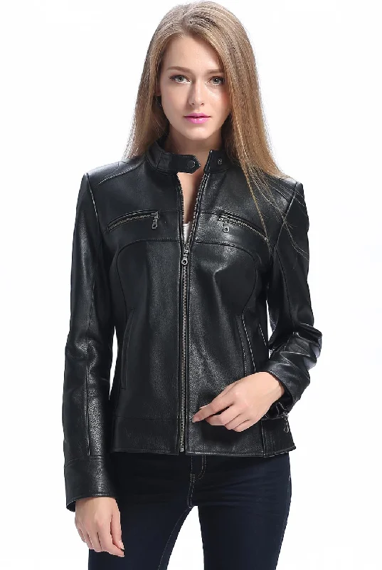 BGSD Women Maura Zip Front Lambskin Leather Jacket