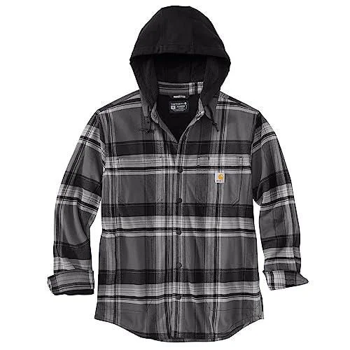 Rugged flex® relaxed fit flannel fleece lined hooded shirt jacket - Black /Shadow