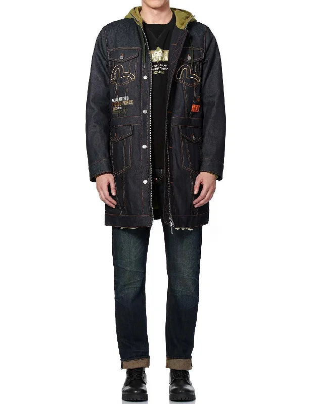 Kamon and Logo Embroidered Denim Padded Coat