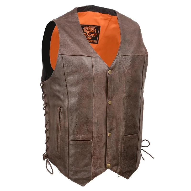 Milwaukee Leather ML1391RT Men's Retro Brown Leather Vest- 10 Pockets Side Lace 4-Snap V-Neck Motorcycle Rider Vest