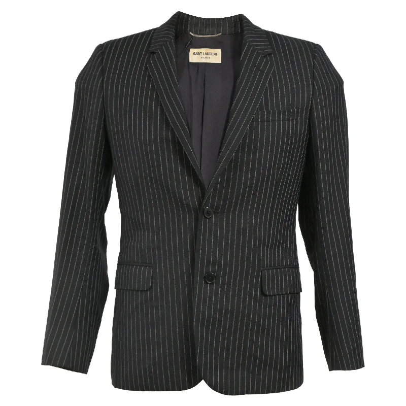 Saint Laurent Pinstripe Single-Breasted Blazer with Pockets in Black Wool