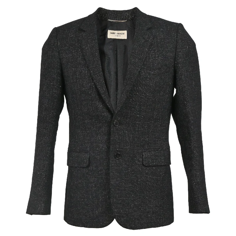 Saint Laurent Single-Breasted Blazer with Pockets in Black Tweed Wool