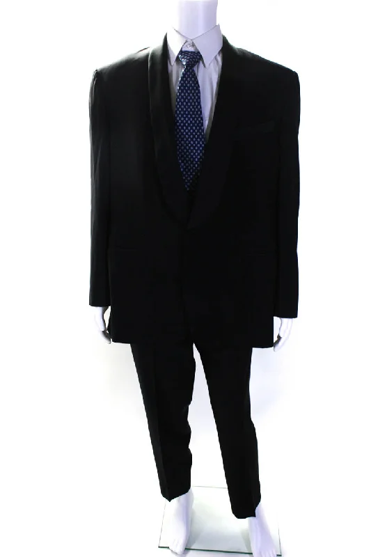 Trussini Mens Single Button Satin Trim Pleated Tuxedo Suit Black Wool