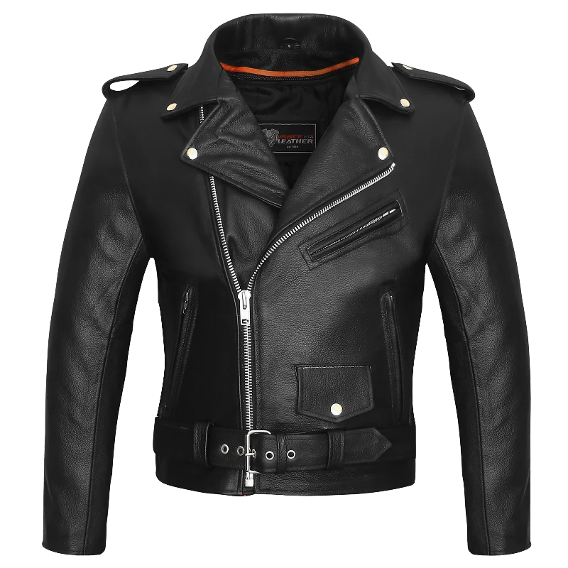 VL516 Men's Premium Leather Classic Motorcycle Jacket Plain Side w/ Belted Waist