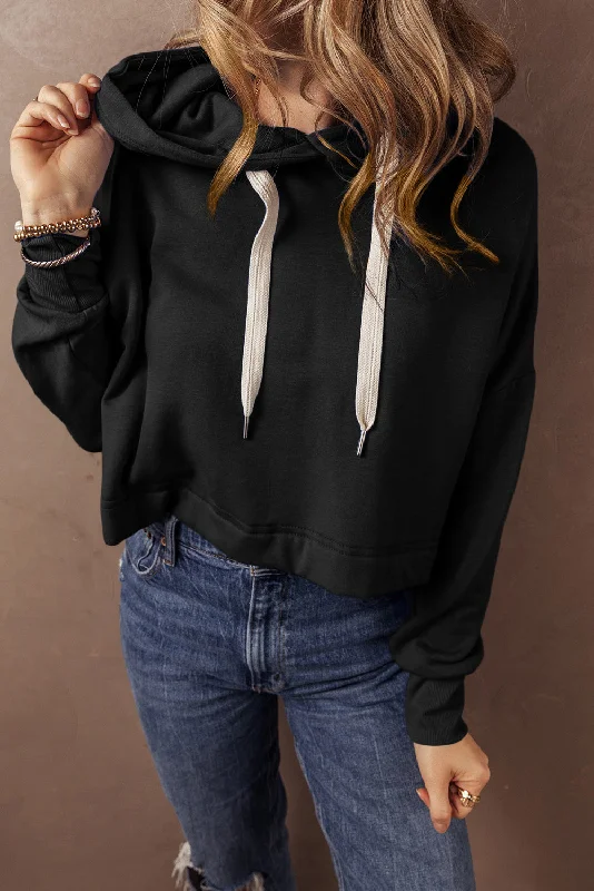 Black Solid Drop Shoulder Drawstring Cropped Hoodie